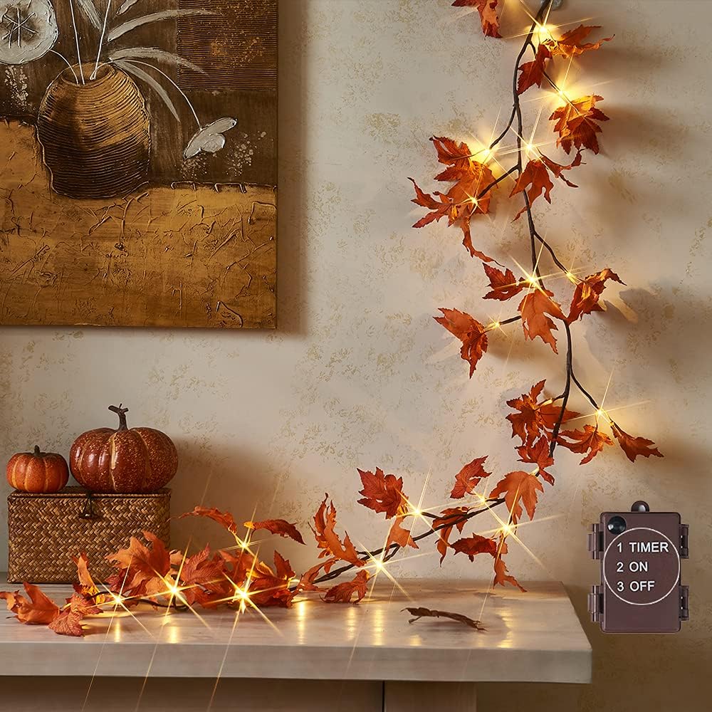 Hairui Lighted Maple Leaf Garland 6FT with Timer for Decor