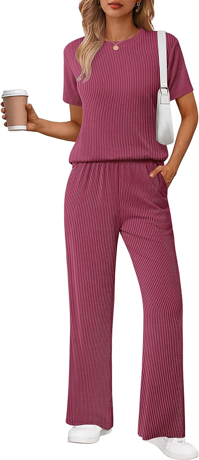 Ekouaer Lounge Set for Women - Soft Ribbed Knit Pajamas