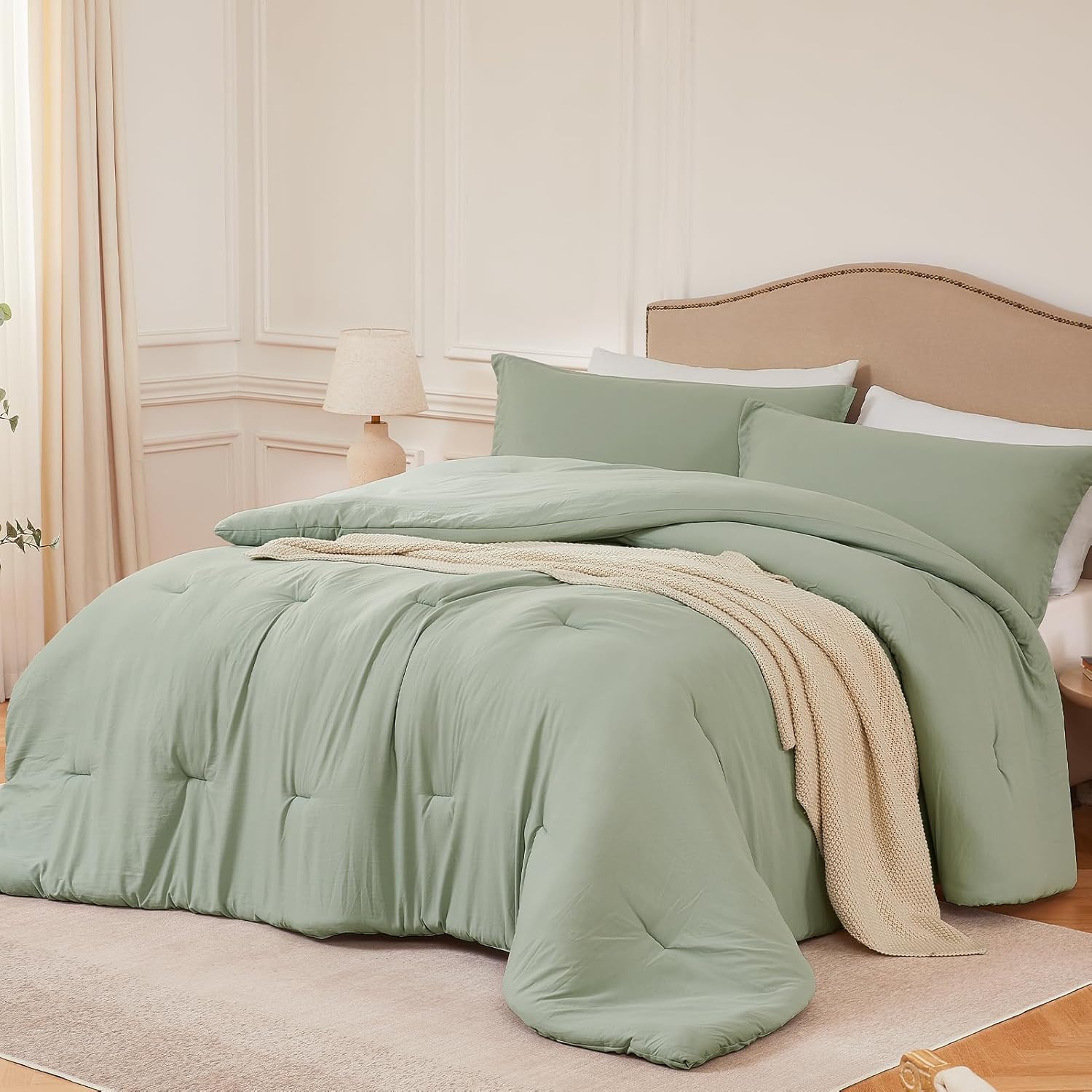 Queen Comforter Sets Sagegreen Soft Lightweight Bedding 3PCS
