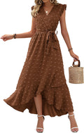 Women V Neck Swiss Dot Maxi Dress - Boho Wrap Summer 2025