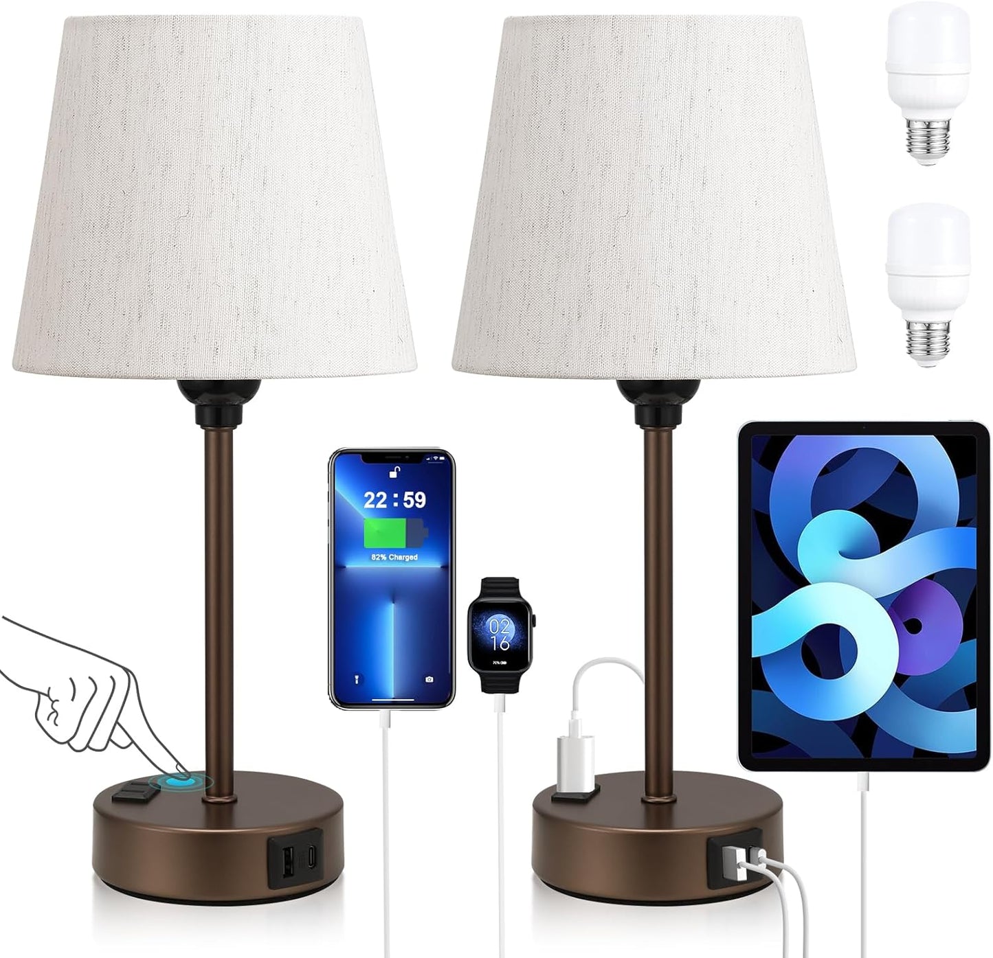 Brown Bedside Lamps Set of 2 with USB C Port and AC Outlet