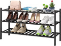 3-Tier Long Black Shoe Rack Bamboo Organizer - Stackable, Sturdy