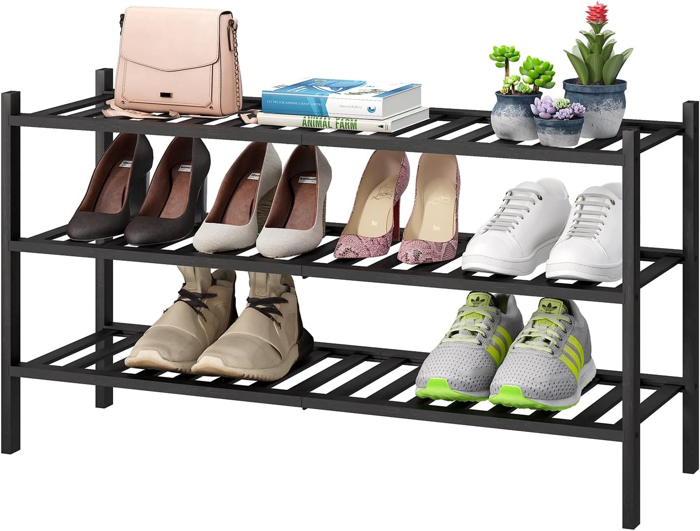 3-Tier Long Black Shoe Rack for Closet, Entryway & Hallway