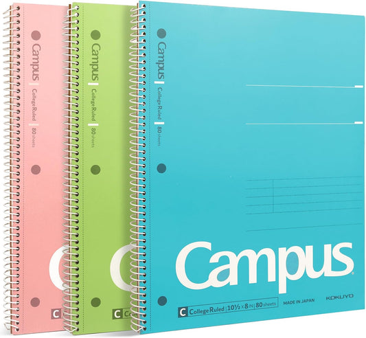 KOKUYO Campus Spiral Notebooks Bundle - 3 Pack, College Ruled, 80 Sheets, Vibrant Colors