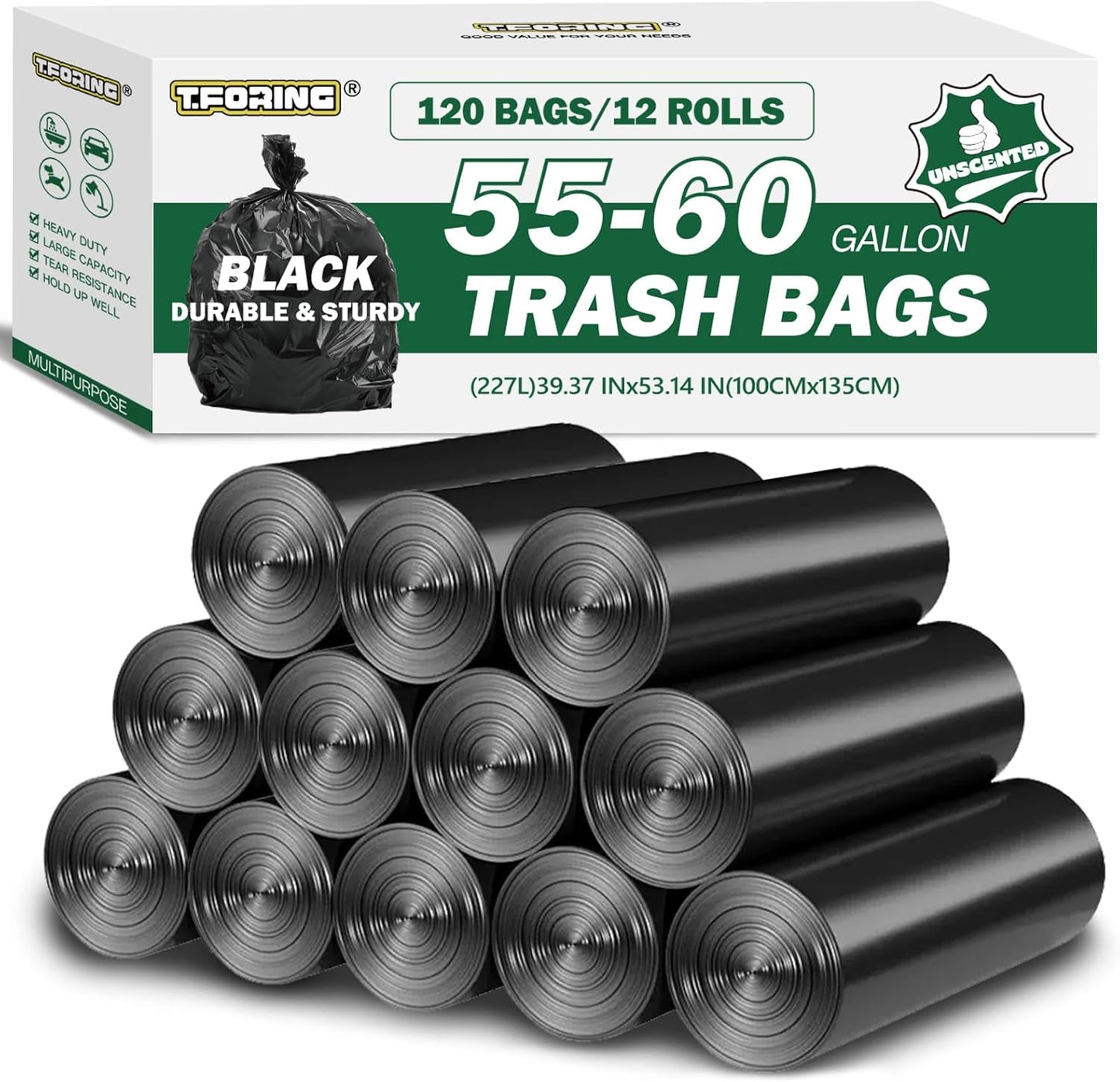 55-60 Gallon Black Trash Bags - Strong Huge Can Liners