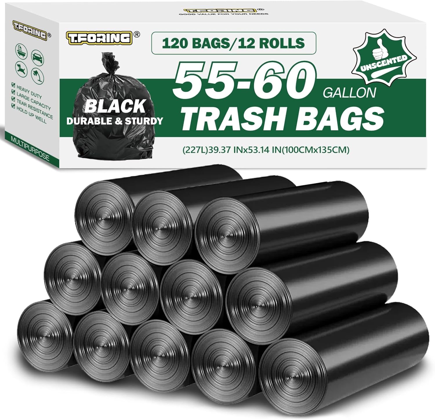 55-60 Gallon Black Trash Bags - Strong Huge Can Liners