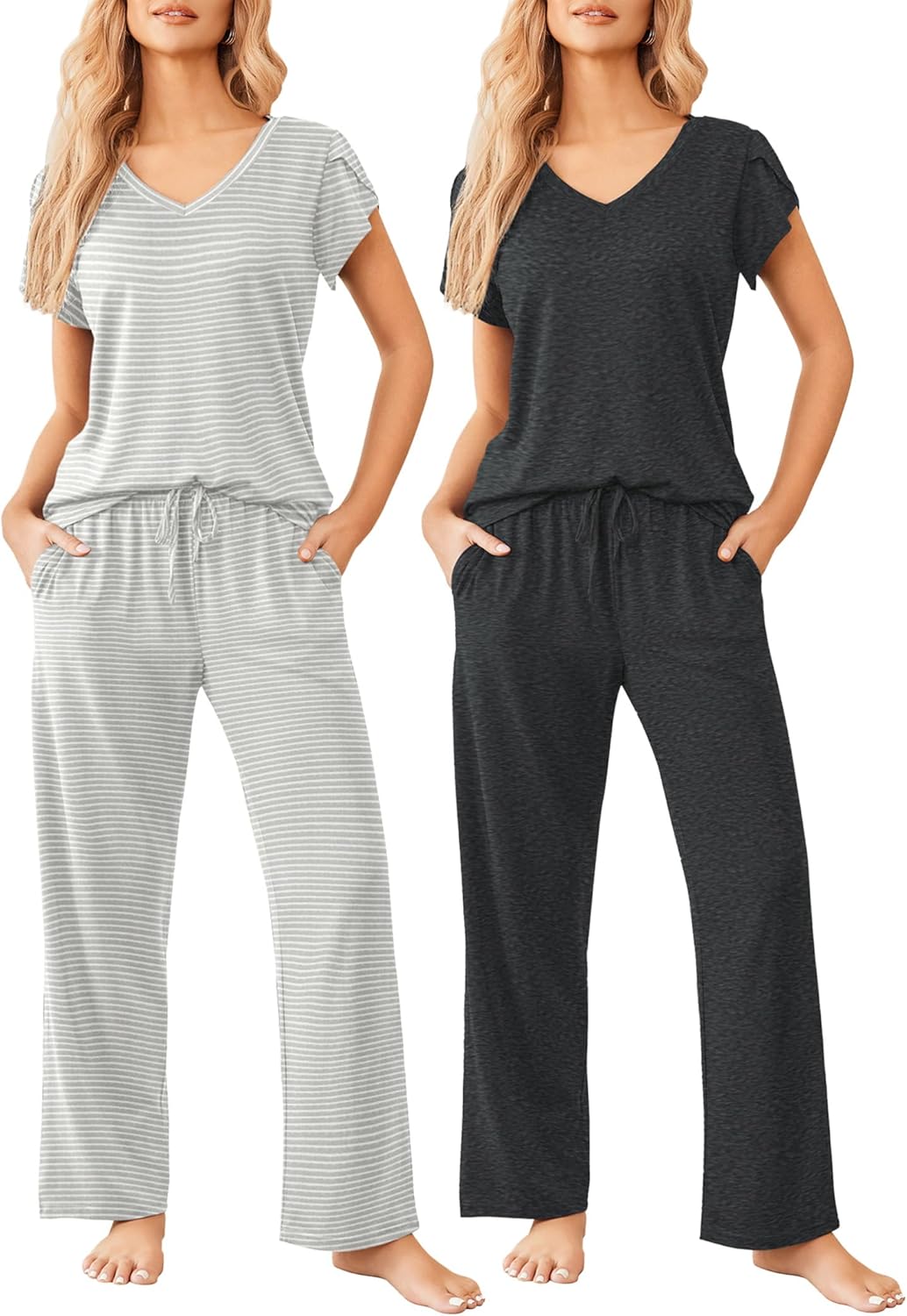 Ekouaer 2 Pack Womens Pajamas Short Sleeve Sleepwear Set