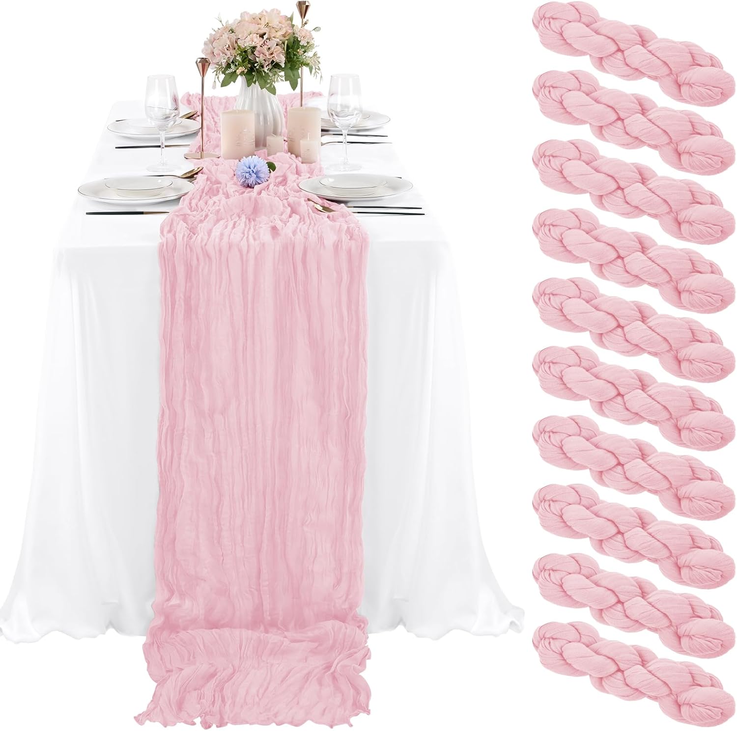 Light Pink Cheesecloth Table Runner Set for Weddings and Parties