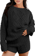 Women 2 Piece Cable Knit Oversized Sweater Shorts Set - Cozy Fall Look
