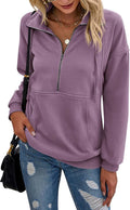 Women's Long Sleeve Lapel Zipper Sweatshirt - Loose Drawstring