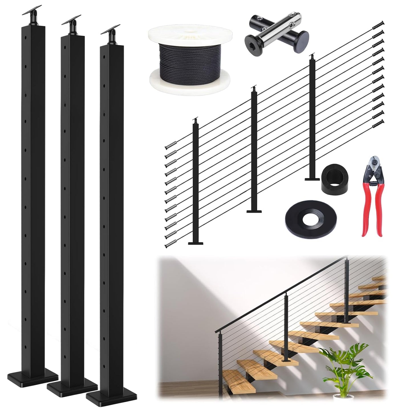 Muzata Modular Black Cable Railing Kit for Stairs 10-15FT
