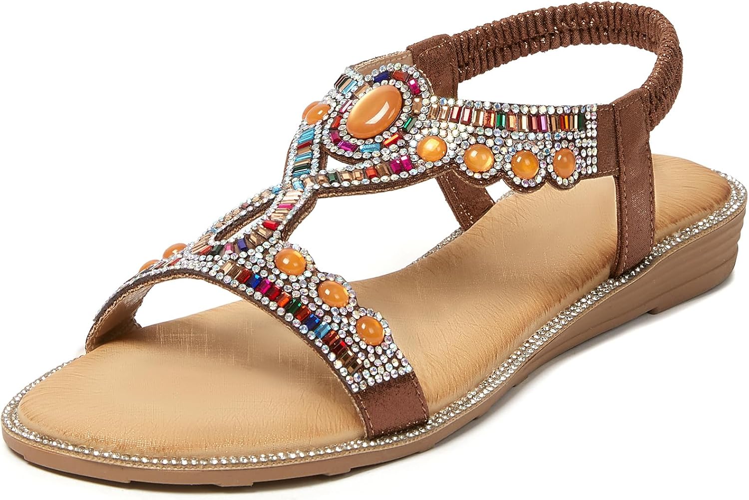 iCKER Women Rhinestone Sandals T-Strap Buckle Bohemian Style