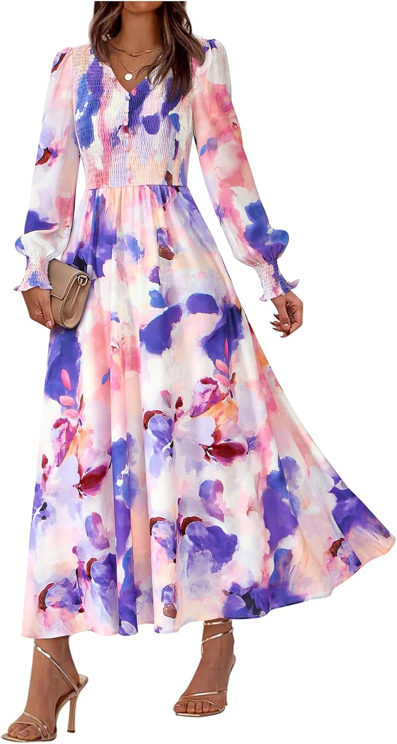 BTFBM Women Fall Wedding Guest Maxi Dresses 2025 Floral V Neck