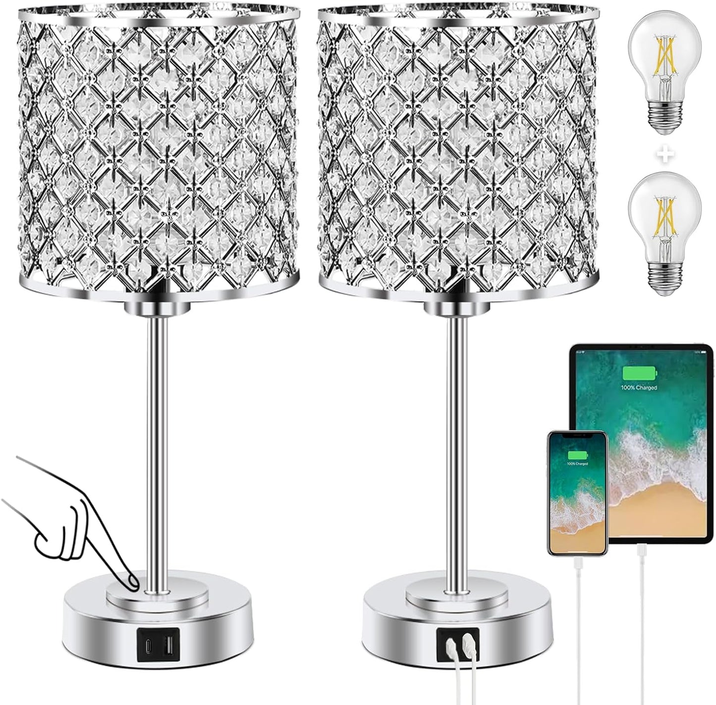 Crystal Table Bedside Lamp Set of 2 with Touch Control & USB Ports