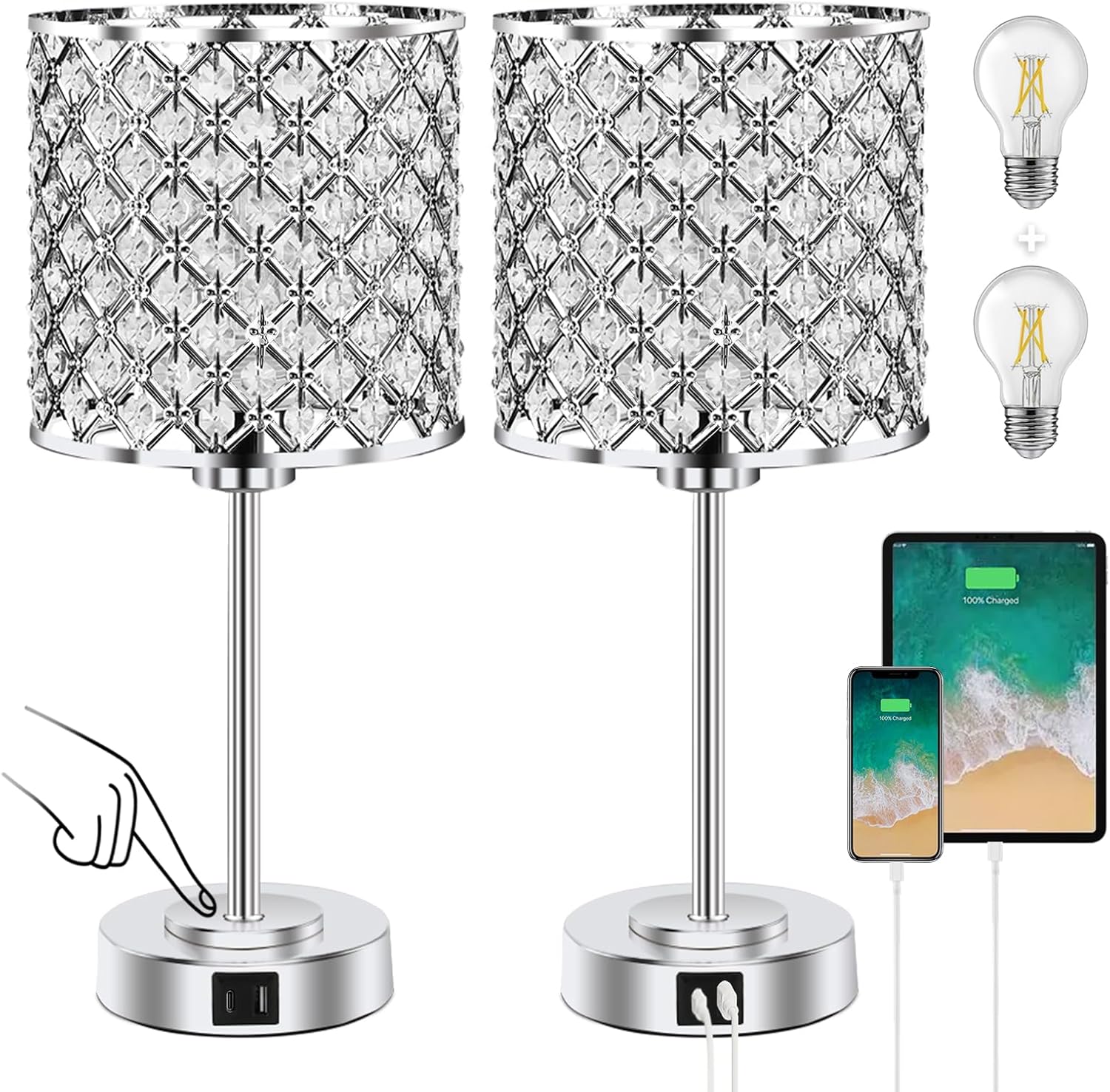 Crystal Table Bedside Lamp Set of 2 with Touch Control & USB Ports