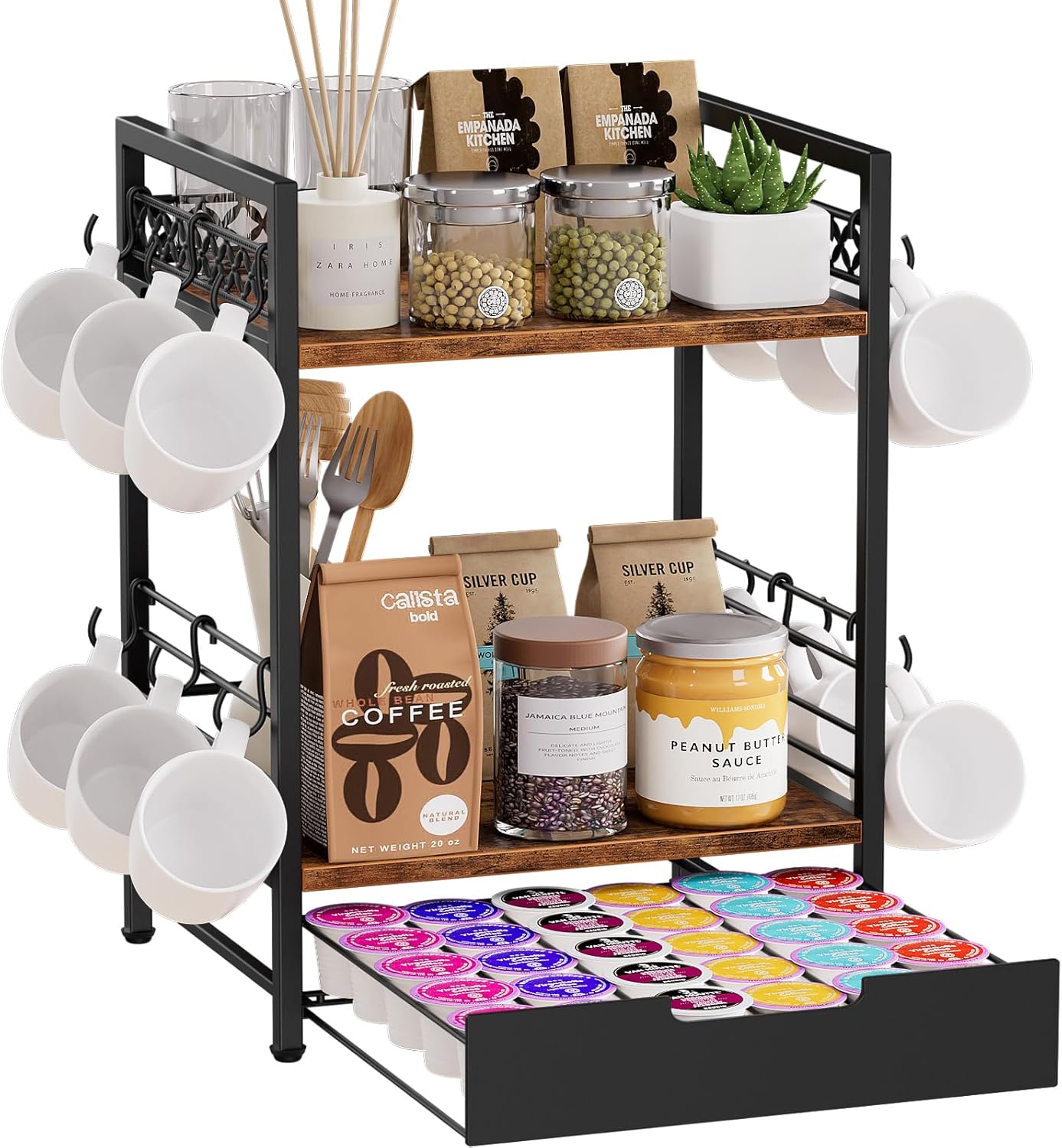 Coffee Bar Organizer Countertop with 12 Hooks and K Cup Drawer
