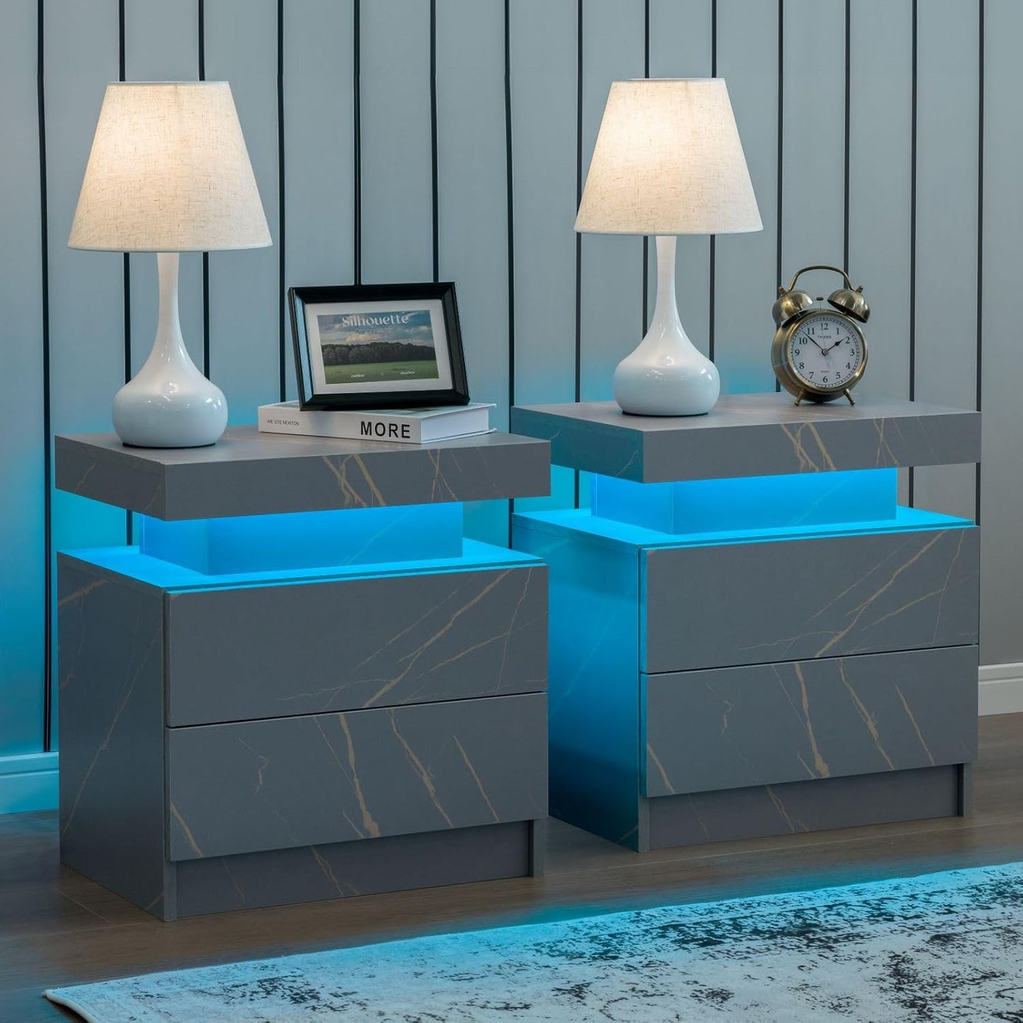 Modern Nightstand Set of 2 with LED Lighting and Drawers