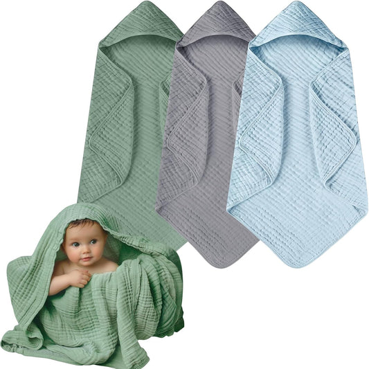 Hooded Baby Towels 3 Pack Muslin Cotton Set for Infants and Toddlers