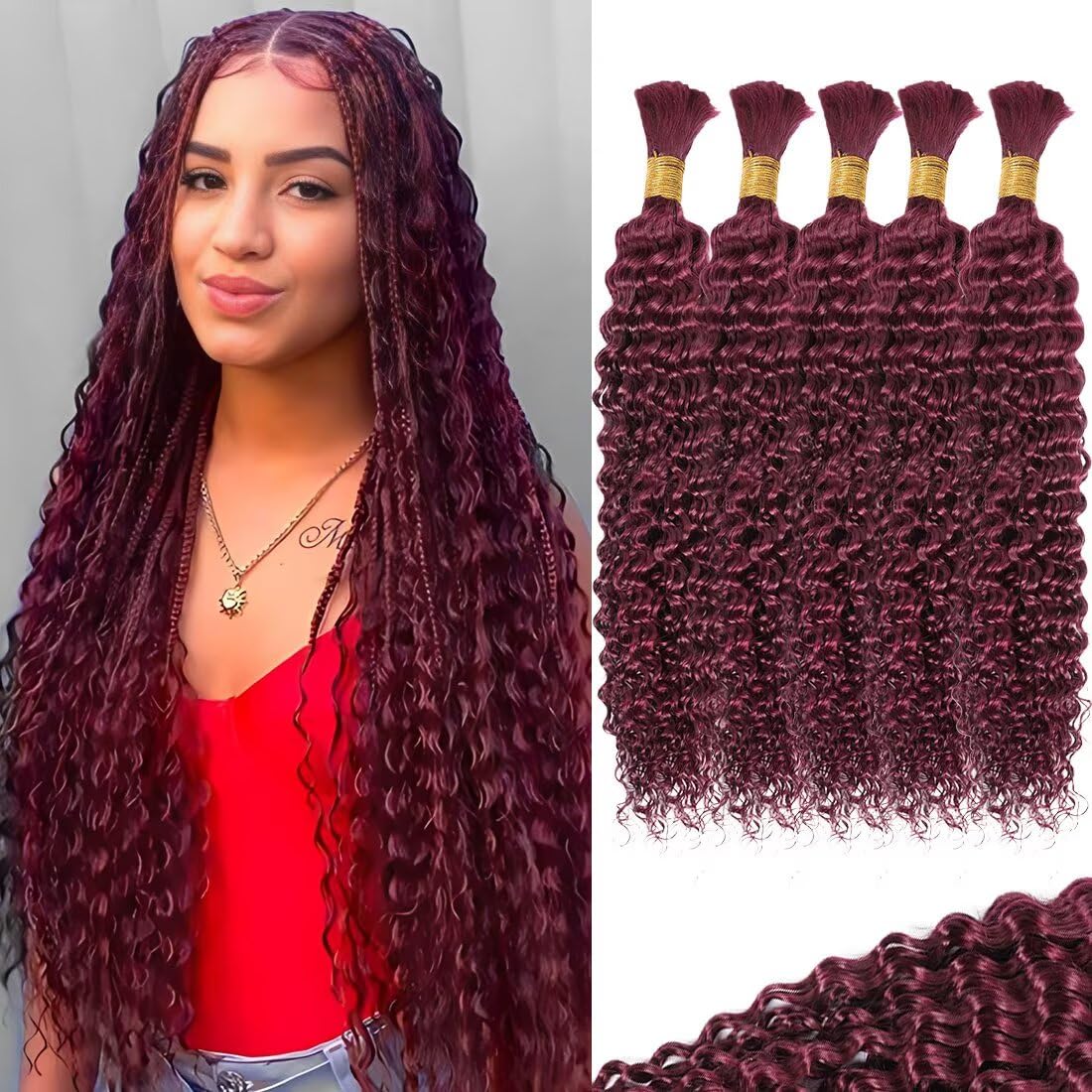 12A 99J Burgundy Red Human Braiding Hair for Boho Styles