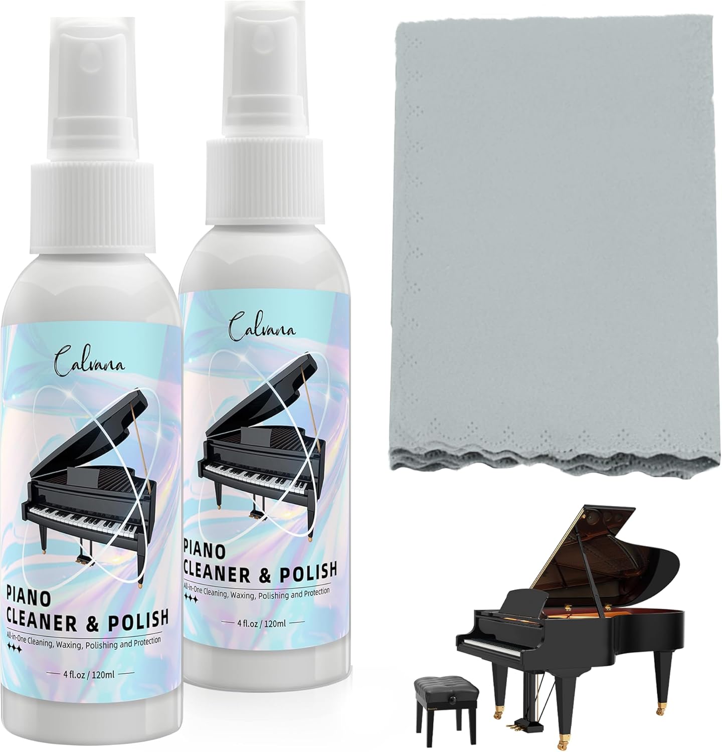 Calvana 2-Pack Piano Cleaner & Polish + Cloth - Shine Any Piano!