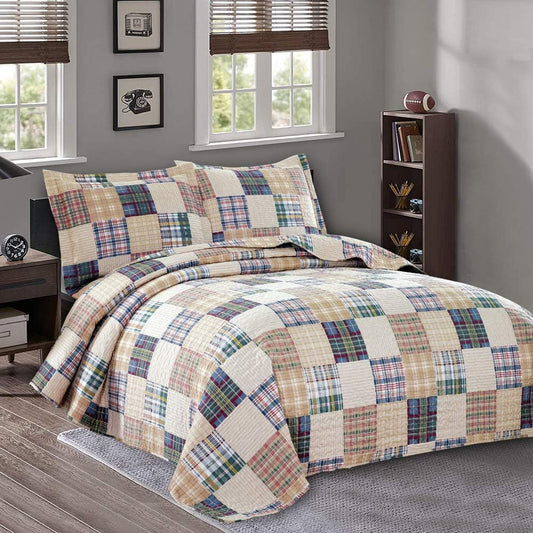 Plaid Bedspread Quilt Set Twin Size - Lightweight Reversible Coverlet