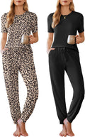2 Pack Womens Pajama Sets Short Sleeve Tops & Jogger Pants - Soft