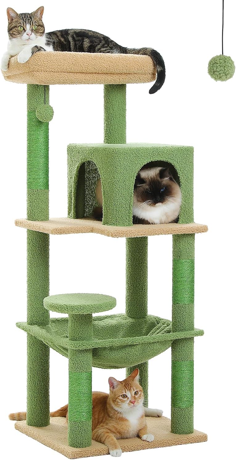 Cactus Cat Tree for Indoor Cats with Large Metal Frame Hammock