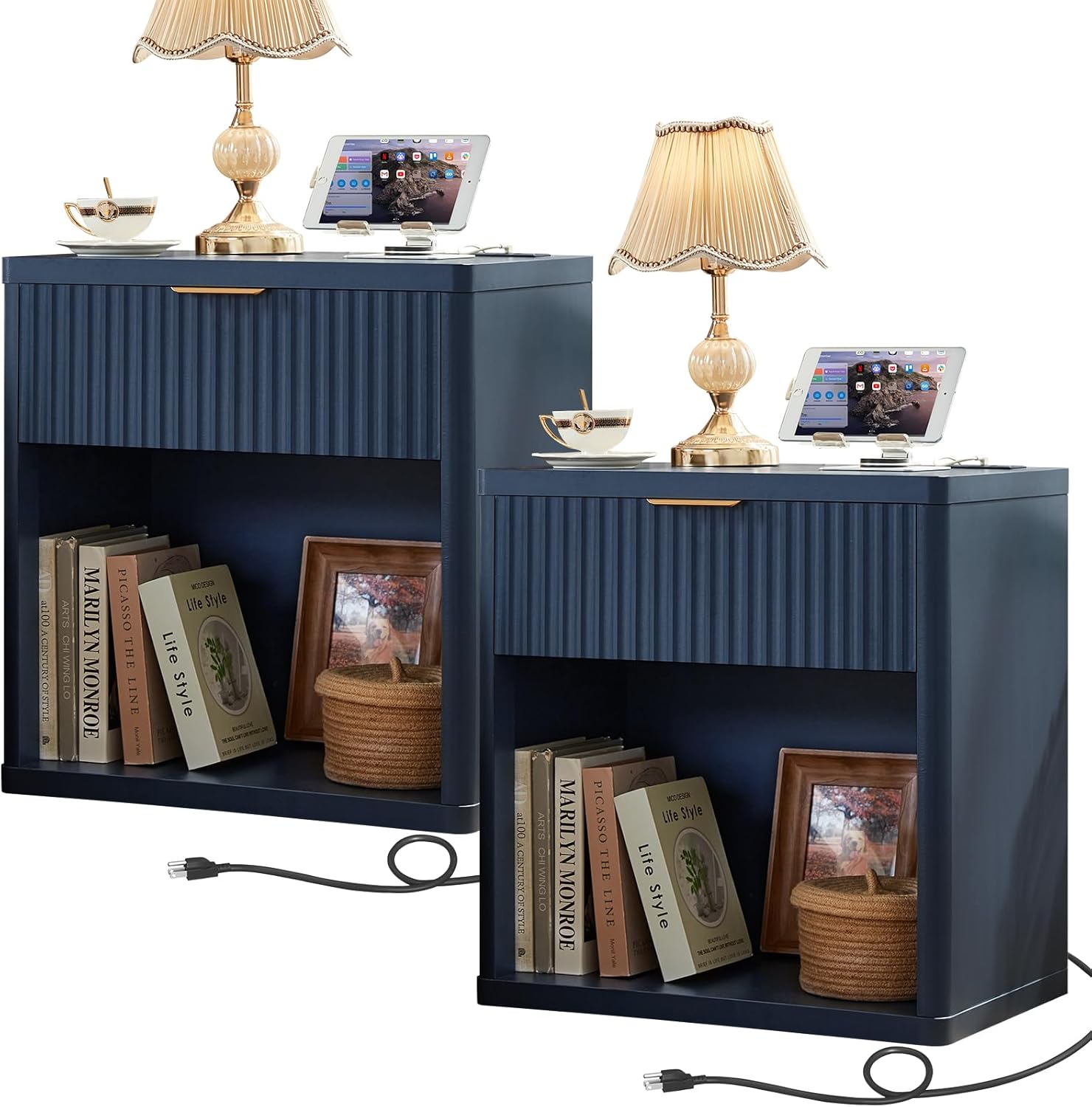 Fluted Farmhouse Nightstand Set of 2 with Charging Station