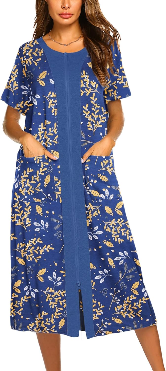 Ekouaer Short Sleeve Zipper Front Bathrobe for Women with Pockets