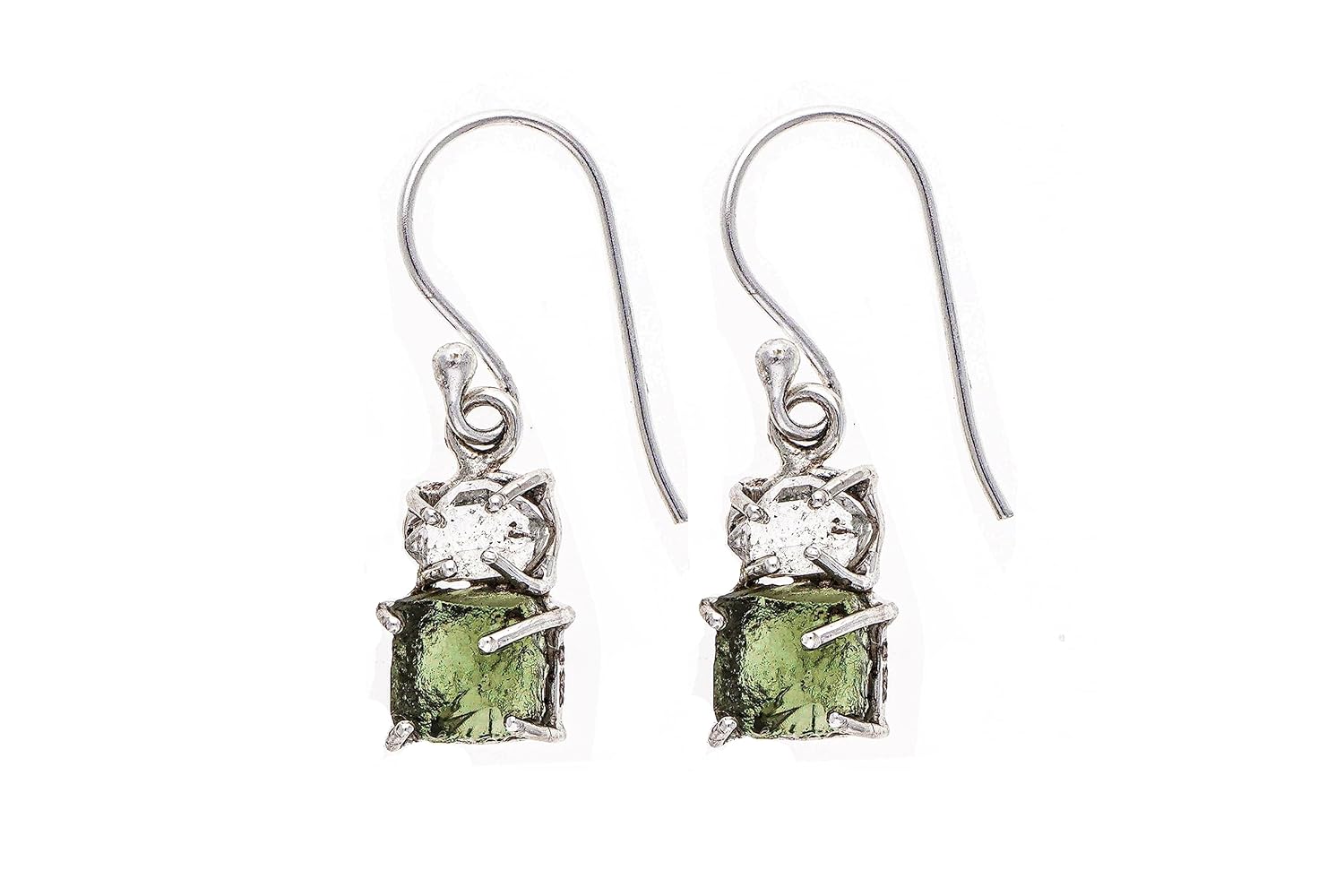 Certified Moldavite Rough & Herkimer Diamond Earrings in Silver