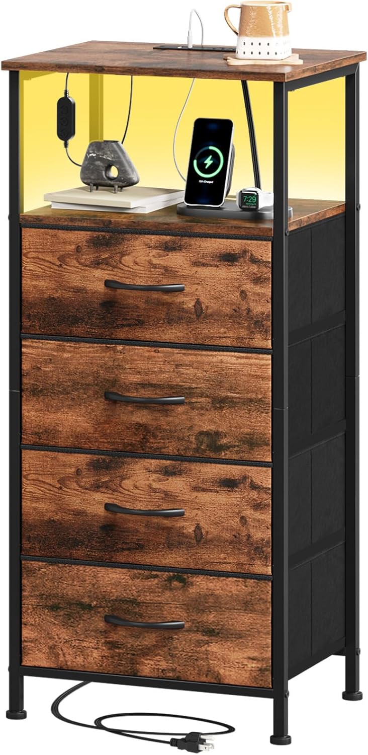 Somdot Tall Nightstand with Charging Station and LED Light Features