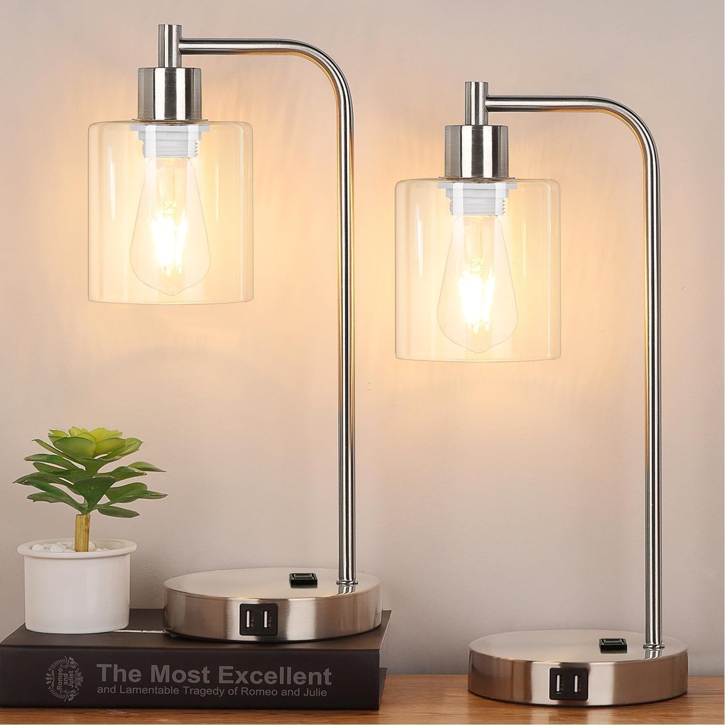 Industrial Touch Control Table Lamps Set with USB Ports and AC Outlet