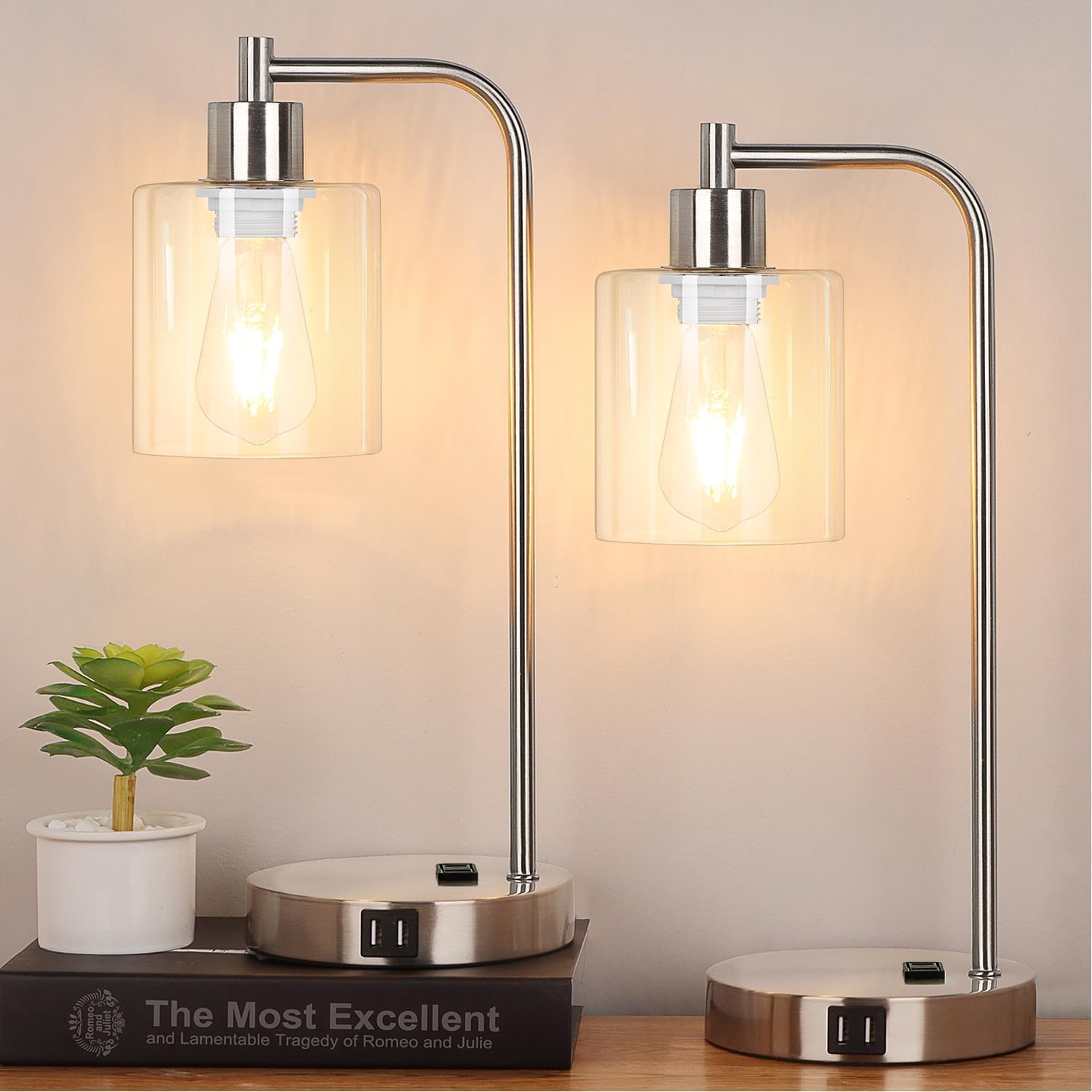 Industrial Touch Control Table Lamps Set with USB Ports and AC Outlet