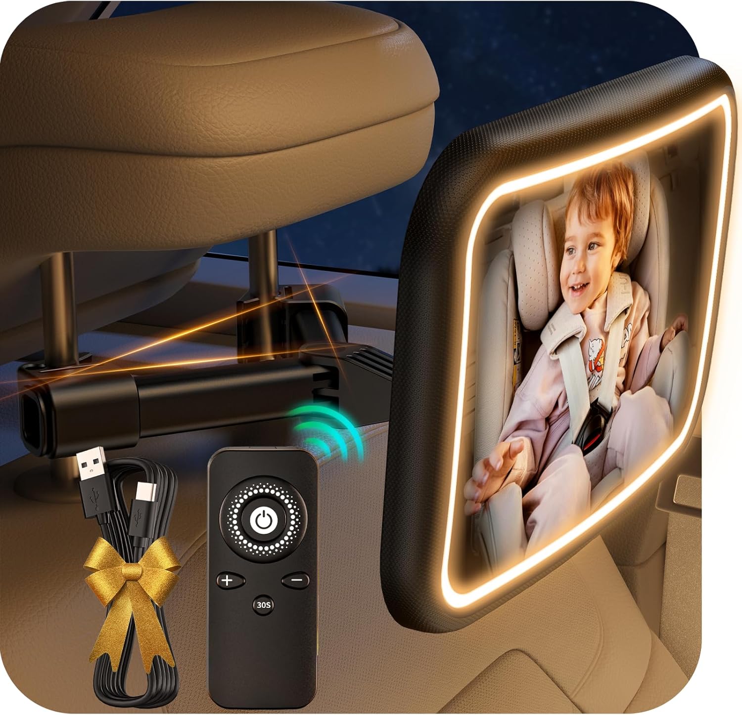 Crystal Clear ShatterProof Baby Car Mirror with Light - TAZENI