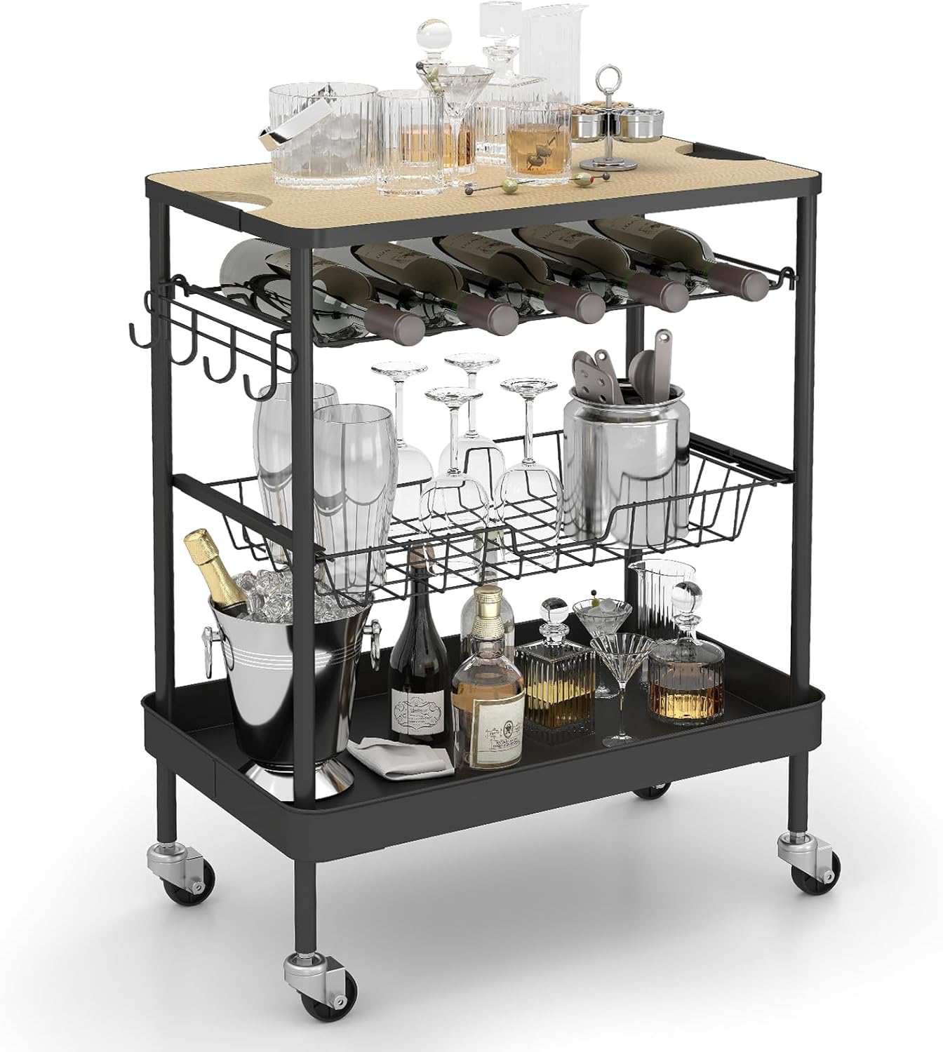 4 Tier Rolling Cart Metal with Lockable Wheels for Easy Storage