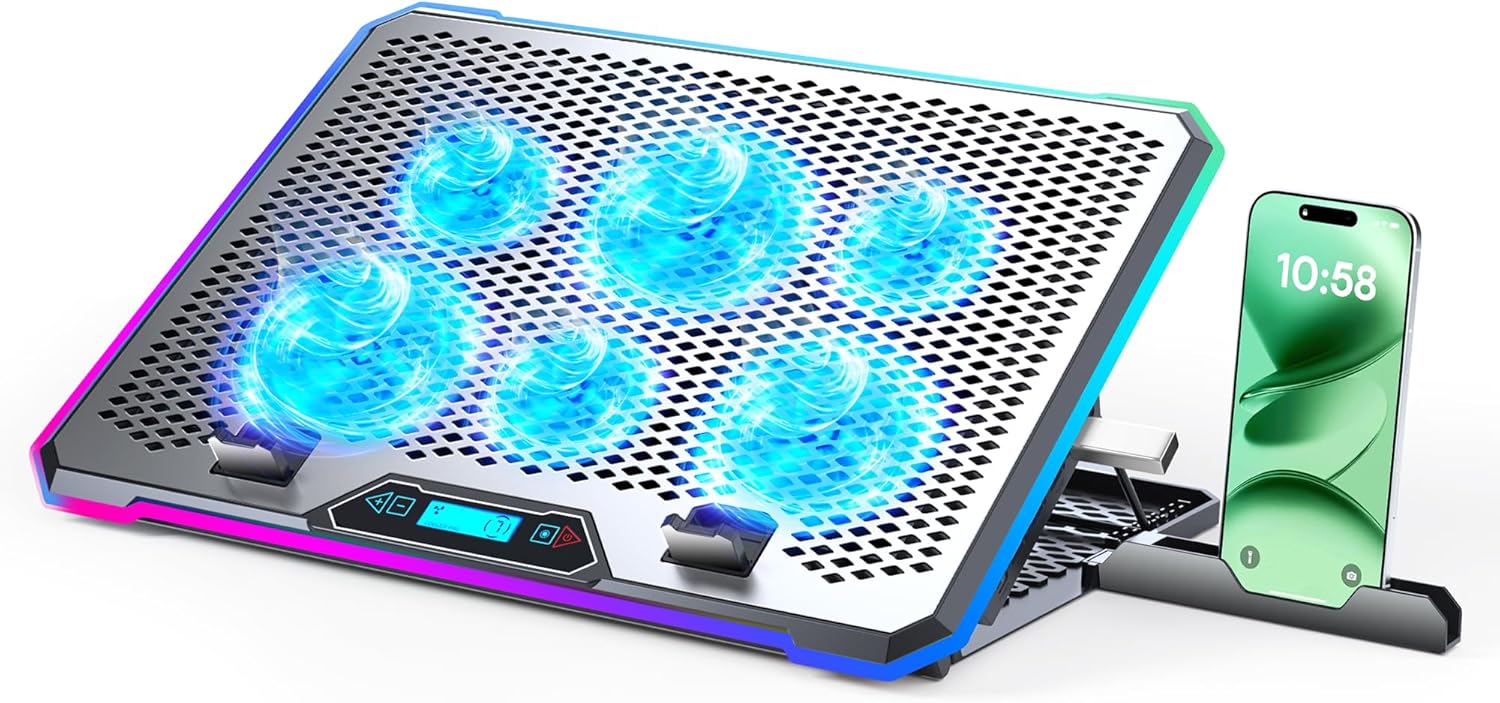 Aluminum Alloy RGB Gaming Laptop Cooler with 6 Fans and LCD
