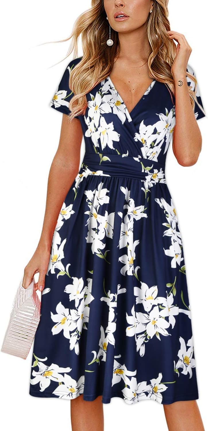 OUGES Women's Summer Short Sleeve V-Neck Floral Dress with Pockets