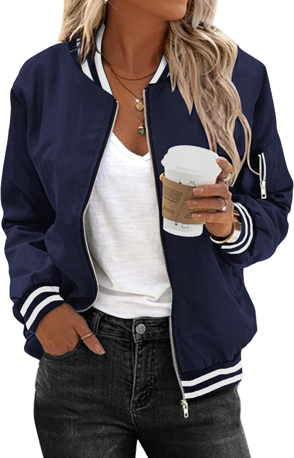 Stylish Women's Bomber Jacket Casual Zip Up Outerwear Coat