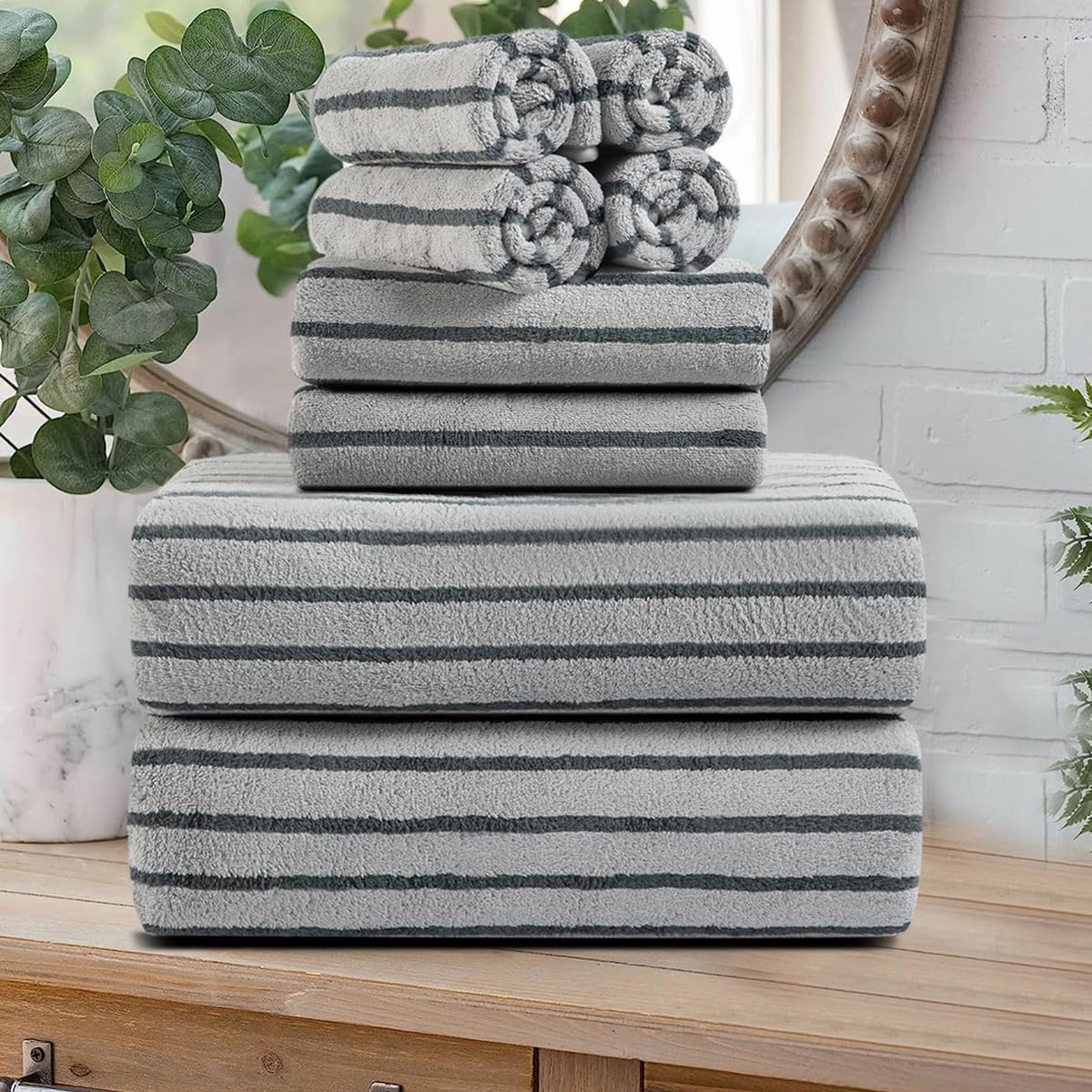 Oliven 8 Pcs Gray Cabana Stripe Bath Towel Set for Spa Use