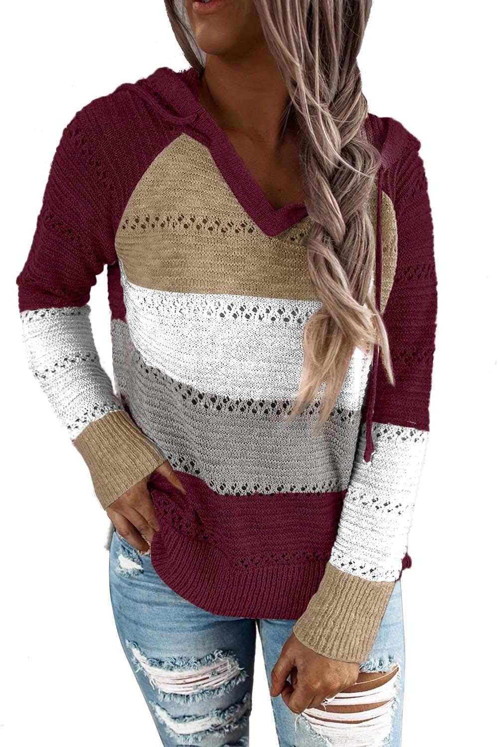 BLENCOT Women Color Block Hooded Crochet Striped Sweaters