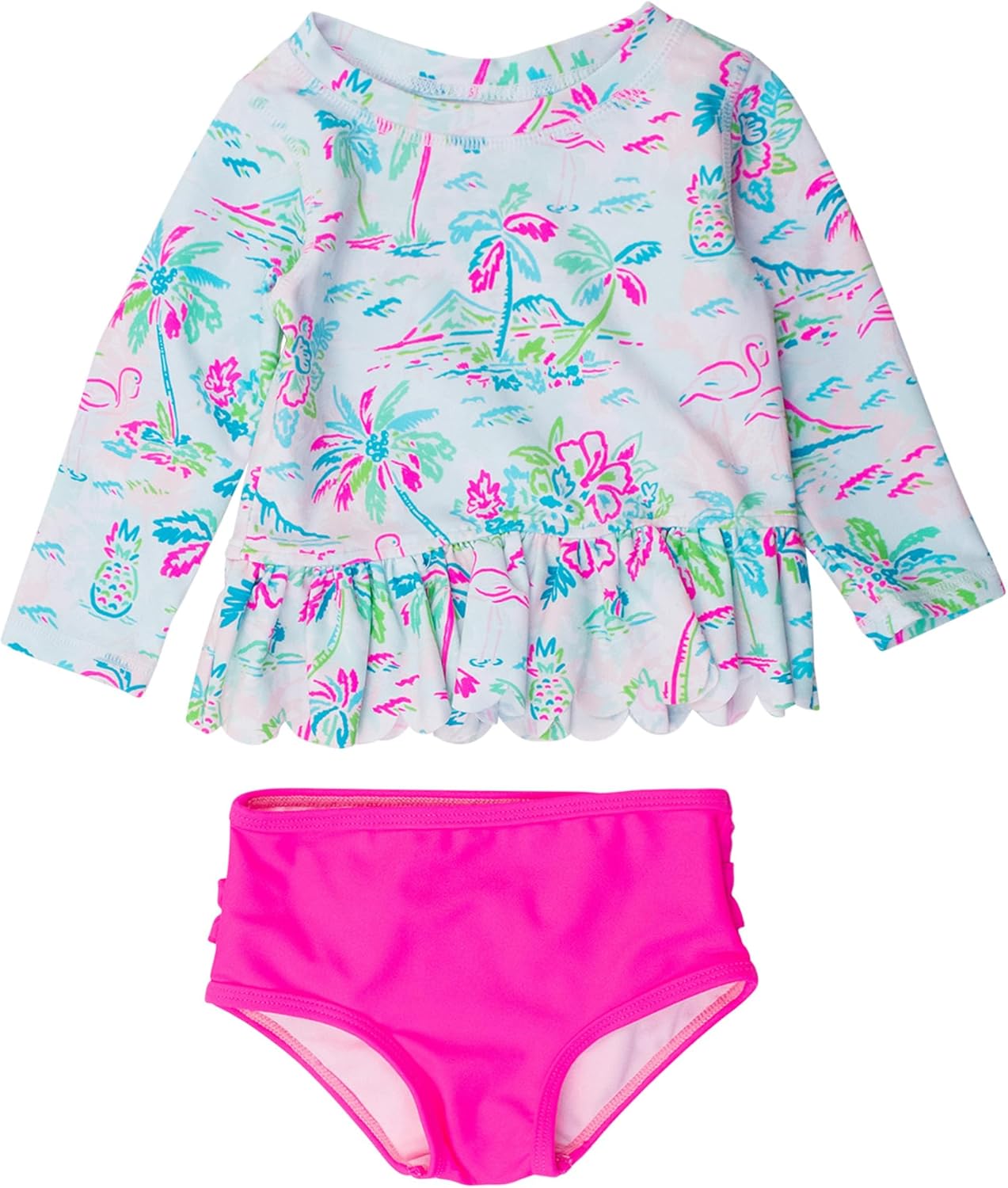 RuffleButts Baby Girls Scalloped Long Sleeve Rash Guard Swimsuit