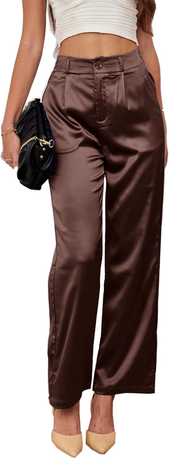 Wide Leg Satin Casual Dress Pants for Women's Nightout Events