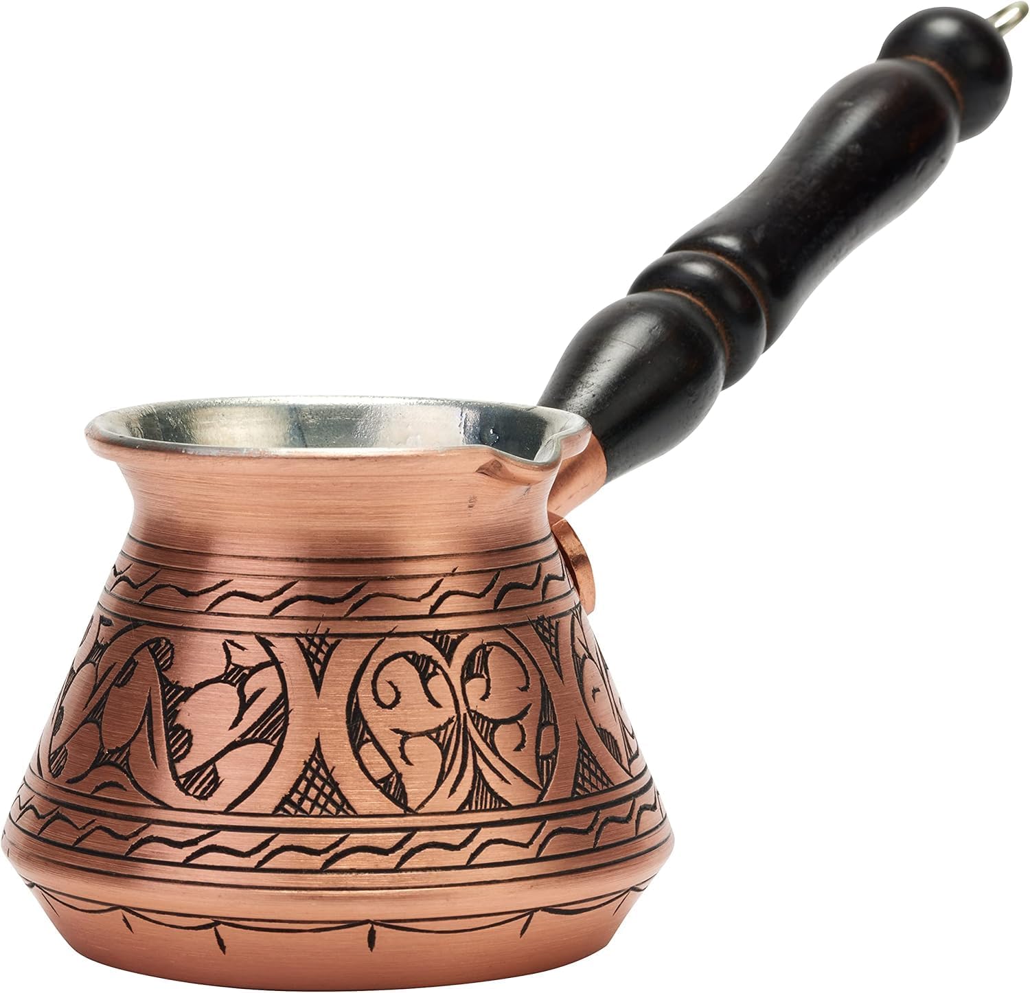 Thick Engraved Copper Turkish Coffee Pot for Authentic Brew 9 fl Oz