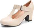 Women's T-Strap Mary Jane Pumps Low Block Chunky Heels - Closed Round