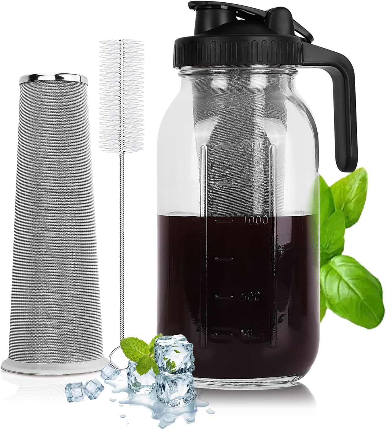 64 Oz Glass Cold Brew Maker - Stainless Steel Filter - Leak-proof Design - Iced Coffee & Tea - Black