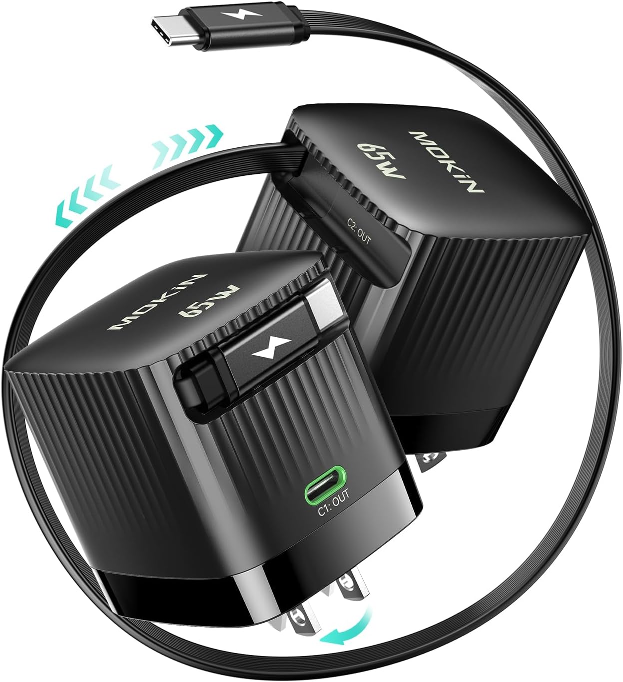 65W Retractable Wall Charger with Fast USB C Charging Block