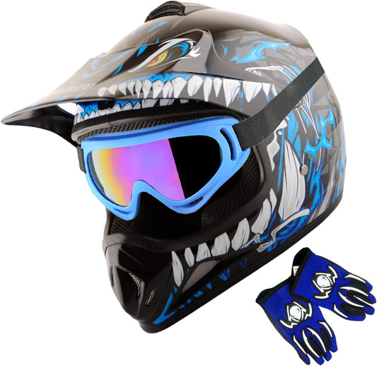 WOW Youth Kids Motocross Helmet Goggles and Gloves Bundle