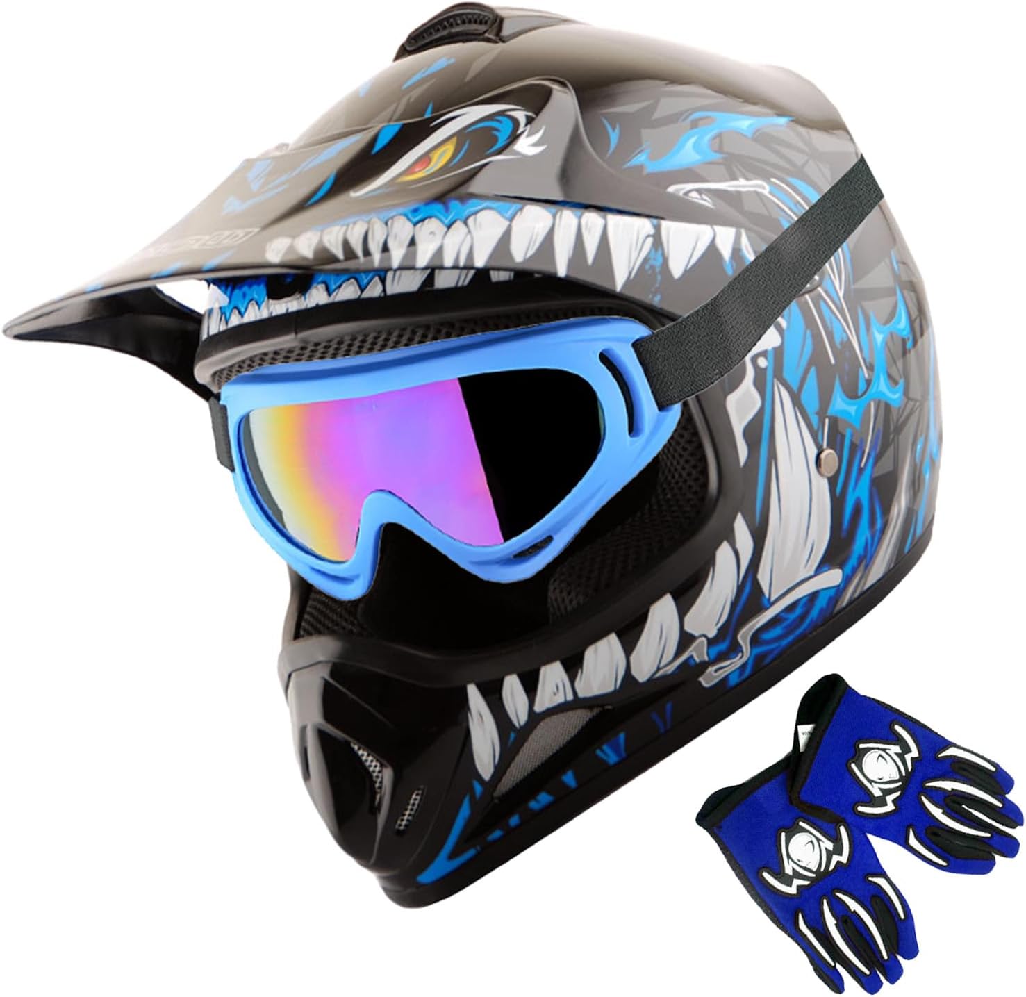 WOW Youth Kids Motocross BMX MX ATV Dirt Bike Helmet Bundle