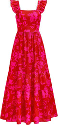 Floral Maxi Dress for Women - Ruffle Smocked A-Line with Pockets
