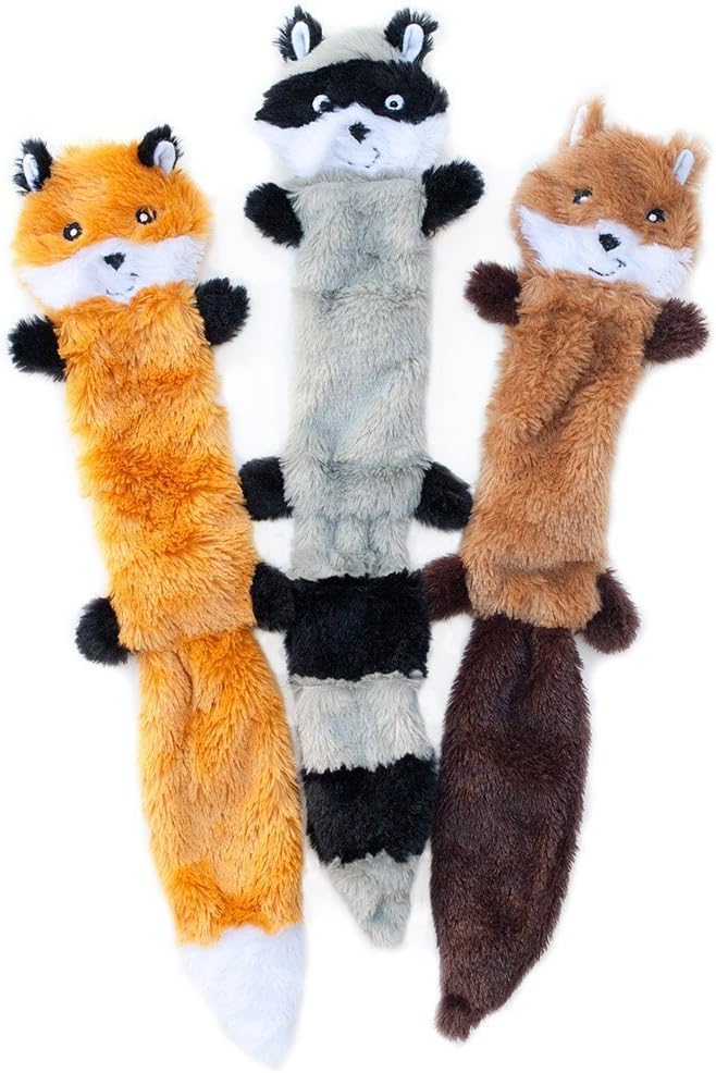 ZippyPaws Skinny Peltz - No Stuffing Squeaky Toys - Small & Medium Breeds - Multi-Pack of 3 Soft Plush - 18 - Fox, Raccoon & Squirrel